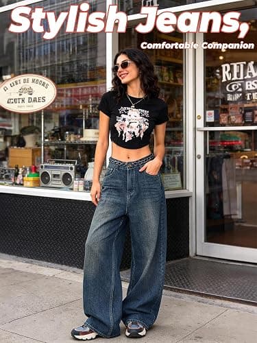 EMMIOL Jeans for Women Wide Leg Baggy Jeans High Waist Y2K Casual Loose Boyfriends Trousers Vintage Streetwear thumbnail 4