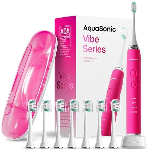 Aquasonic Vibe Series Ultra-Whitening Toothbrush – ADA Accepted Electric Toothbrush - 8 Brush Heads & Travel Case – 40,000 VPM Motor & Wireless Charging - 4 Modes w Smart Timer – Electric Pink - Image 1