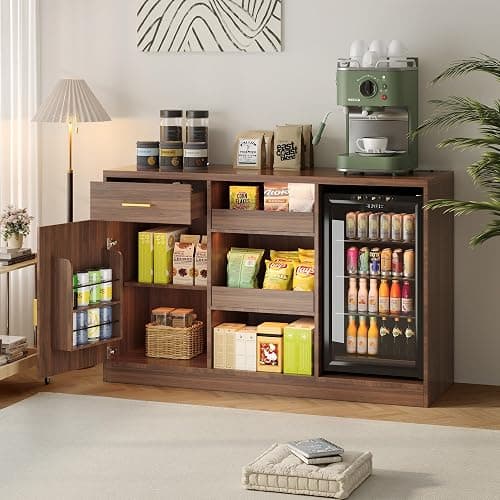 Snack Bar Cabinet with Mini Fridge Space, Mini Fridge Cabinet with Storage, Coffee Bar Cabinet with Drawer, Power Outlets, Snack Organizer with LED Lights for Home, Movie Room, Game Room (Walnut) thumbnail 5