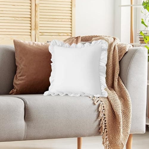 KKJIAF Ruffle Pillow Cases 18x18 Inches, White Square Ruffled Pillow Covers Set of 2, Microfiber Wrinkle Resistant Pillow Shams with Envelope Closure for Sofa Bed Living Room thumbnail 5