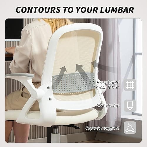 HOMCOM Breathable Mesh Office Chair, Ergonomic, Flip-up Armrests, White | Swivel Computer Chair, Lumbar Back Support, for Home/Office thumbnail 4