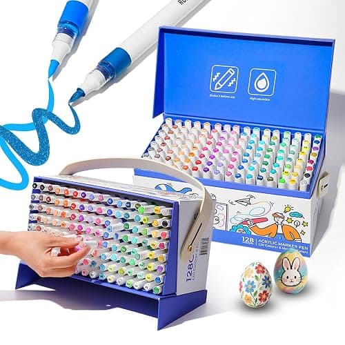 ROSYMENG Acrylic Paint Markers, 120 Colors + 8 Metal Colors - Large Ink Capacity, High Coverage with Brush Tip Acrylic Paint Pens, Suitable for Wood, Glass, Rock, and Fabric - Student School Supplies - Image 1