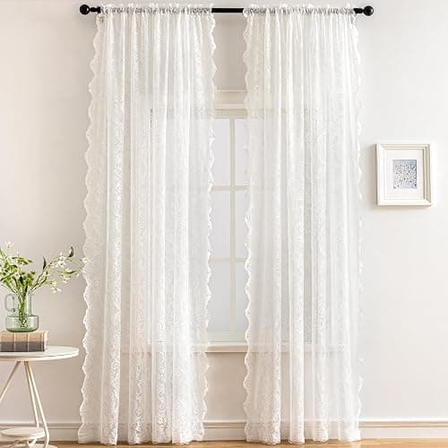 UNISTAR Lace Sheer Door Curtains with Rod, Luxury Vintage Floral Lace Curtains for Livng Room Room Divider Closet Rod Pocket 55 W x 80 L Inch,White (2 Panels+Rod) thumbnail 3