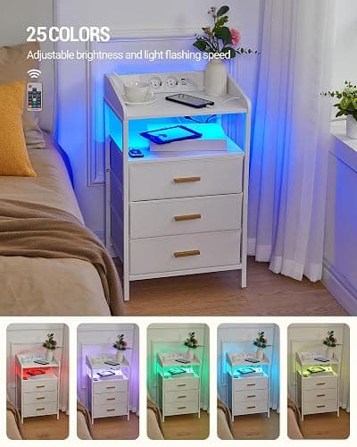 Hzuaneri Nachttisch mit LED-Leuchten und ladefunktion, Beistelltisch mit 3 Stoff-Schubladen mit USB-Anschlüssen & Steckdosen, für Schlafzimmer, Wohnzimmer, Weiß NS31013W thumbnail 5