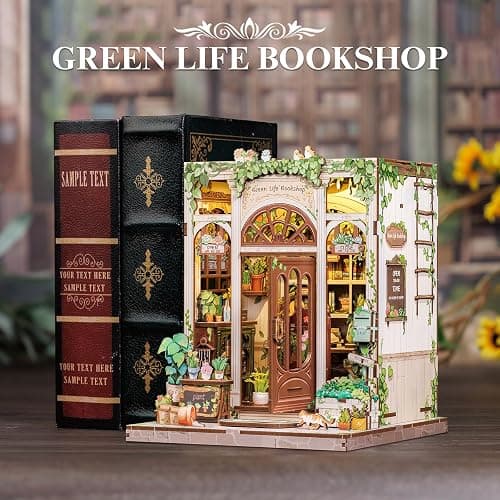 Fsolis Book Nook Kit, 3D Wooden Puzzles for Adults, 196 pcs, DIY Miniature Puzzle Room Kit Tiny House Bookshelf Decor Gifts for Women Teenagers Book Lovers (Green Life's Bookshop) thumbnail 4