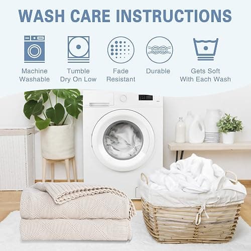 Knit Cotton Throw Blanket Cable Throw 50 x 70 Inch Soft All Season Breathable for Couch Chairs Bed Beach Home Decorative with Silk Bow Tie Package (Beige, Diamond Pattern) thumbnail 7