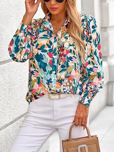 PRETTYGARDEN Womens Floral Blouses Dressy Casual Long Sleeve Fall Tops 2026 | V Neck, Button Down Shirts, Boho Tops, Chiffon Work Blouses, Business Casual Clothes, Vacation Teacher Outfits thumbnail 10