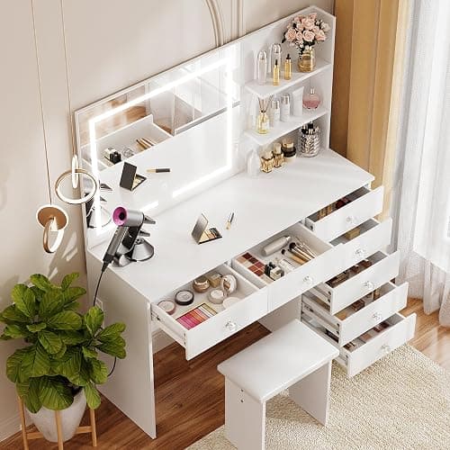 VOWNER Vanity with Lighted Mirror - 47" Makeup Vanity Desk with 7 Drawers, 3 Storage Shelves and Outlet, 3 Color Lighting Modes with Adjustable Brightness, Makeup Desk with Stool for Bedroom (White) thumbnail 3
