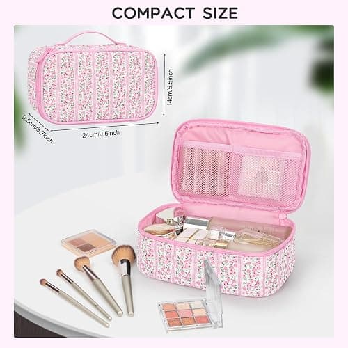 Relavel Cute Makeup Bag for Girls, Portable Pink Cosmetic Bag, Dual-layer Makeup Pouch with Brush Holder, Multi-Functional Preppy Toiletry Organizer for Travel, Daily Use - Pink Flower thumbnail 2
