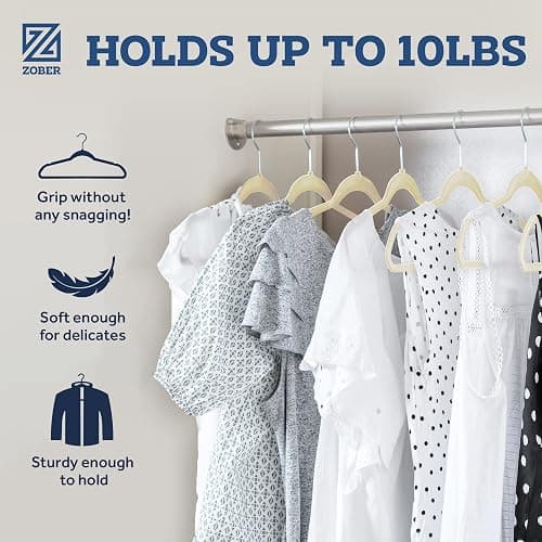 Zober Velvet Hangers 50 Pack - Ivory for Coats, Pants & Dress Clothes - Non Slip w/ 360 Degree Swivel, Holds up to 10 lbs - Strong Felt Hangers for Clothing thumbnail 3