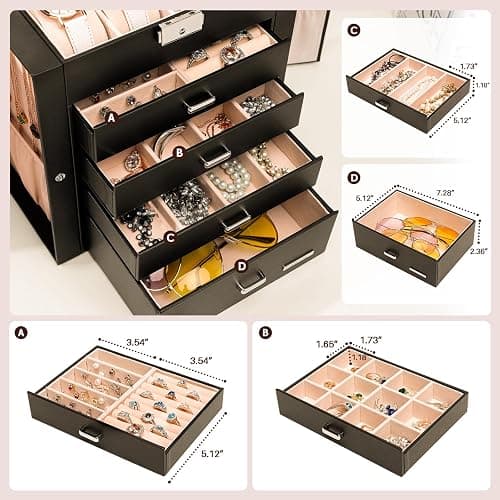 Homde Synthetic Leather Huge Jewelry Box Mirrored Watch Organizer Necklace Ring Earring Storage Lockable Gift Case (Black) thumbnail 4