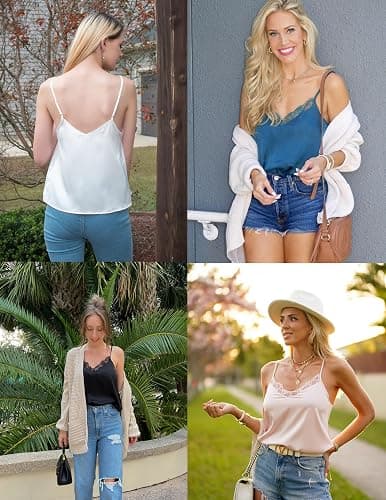 Ekouaer Women's Satin Camisole Lace Silk Satin Pajama Tank Tops V Neck Soft Spaghetti Strap Loose Sleepwear thumbnail 5