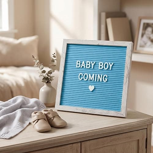 Rustic Blue Felt Letter Board 10x10 Inch for Baby Boy Announcements | 336 letters, numbers and symbols with a tabletop stand and wall hanger for newborn photos, milestones and birthdays thumbnail 2