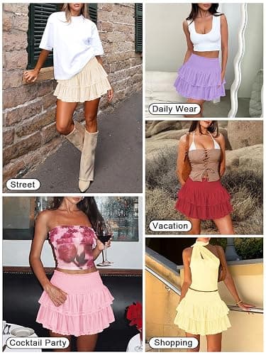 Pungdra Womens Casual Ruffle Mini Skirt Athletic Golf Tennis Skort Boho Tiered High Waist Layered Ruffle Flowy Short Skirts thumbnail 7