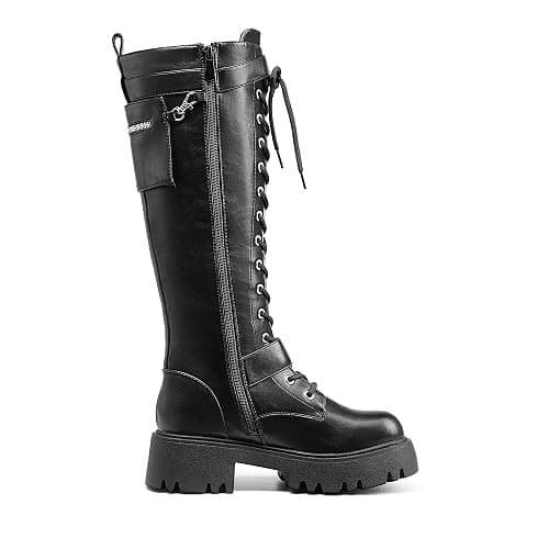 DREAM PAIRS Womens Knee High Combat Boots Platform Heels | Gothic Motorcycle, Metallic, Lace-up, Inside Zipper, Removable Pocket, Non-slip TPR Outsole, Versatile for Everyday Wear thumbnail 4