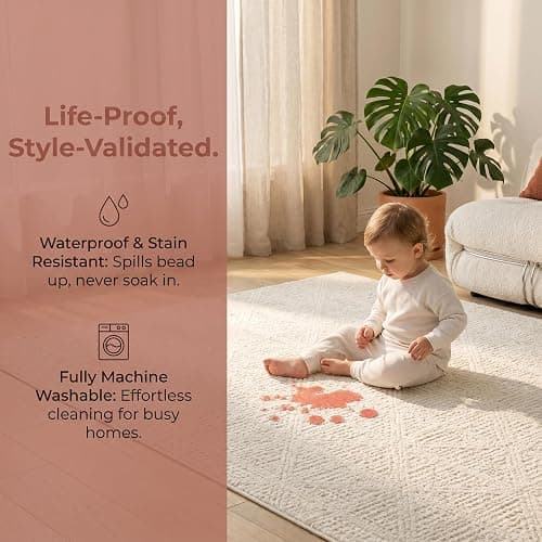jxgzyy Non-Slip Area Rug 4'7" x 6'7" Cream Checked, Waterproof, Stainproof | checked area rug with non-slip backing. easy to clean for living room, bedroom, kitchen, dining, nursery, and office. thumbnail 2