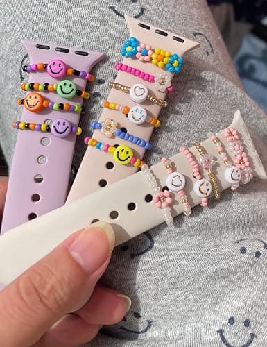 Heesch Stretchy Beaded Watch Band Charms Compitable with Apple Watch 38/40/41/42/44/45/49mm, Cute Beads Decorative Rings Loops Watch Assceeories for iWatch Series 8/7/6/5/4/3/2/1 (Band Not Included) - Pink thumbnail 7