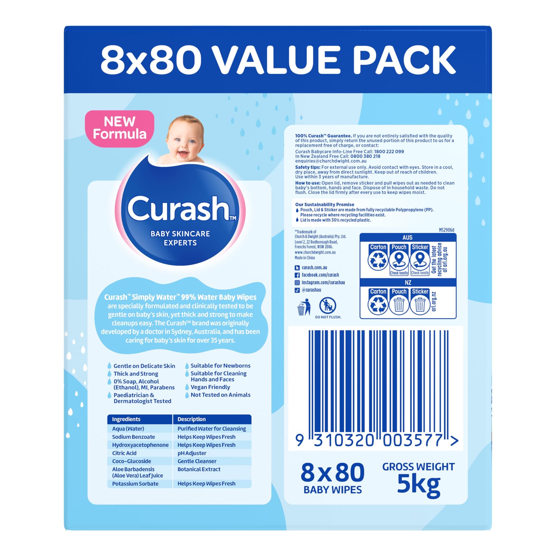 New Formula Curash Simply Water Baby Wipes, 8x80 Pack, Suitable for Newborns, 99% Purified Water, No Soap, Alcohol or Parabens, Thick & Soft Texture, Everyday Cleansing and Nappy Changes, 640 Wipes thumbnail 3
