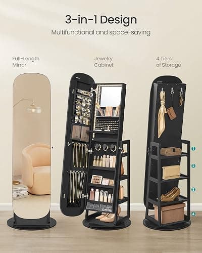 SONGMICS LED Jewelry Cabinet, 360° Swivel Jewelry Organizer, Lockable Mirror Jewelry Cabinet Standing, Rounded Wide Full-Length Mirror with Storage Shelves, Interior Mirror, Ebony Black UJJC036B01 thumbnail 7