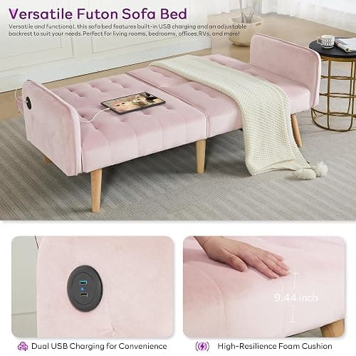 TYBOATLE 65" W Velvet Modern Convertible Folding Futon Couch Sofa Bed w/ 2 USB Charging Ports and arms, Loveseat for Compact Living Space, Dorm, Game Studio, Bonus Room, Apartment, Bedroom (Pink) - Pink thumbnail 6