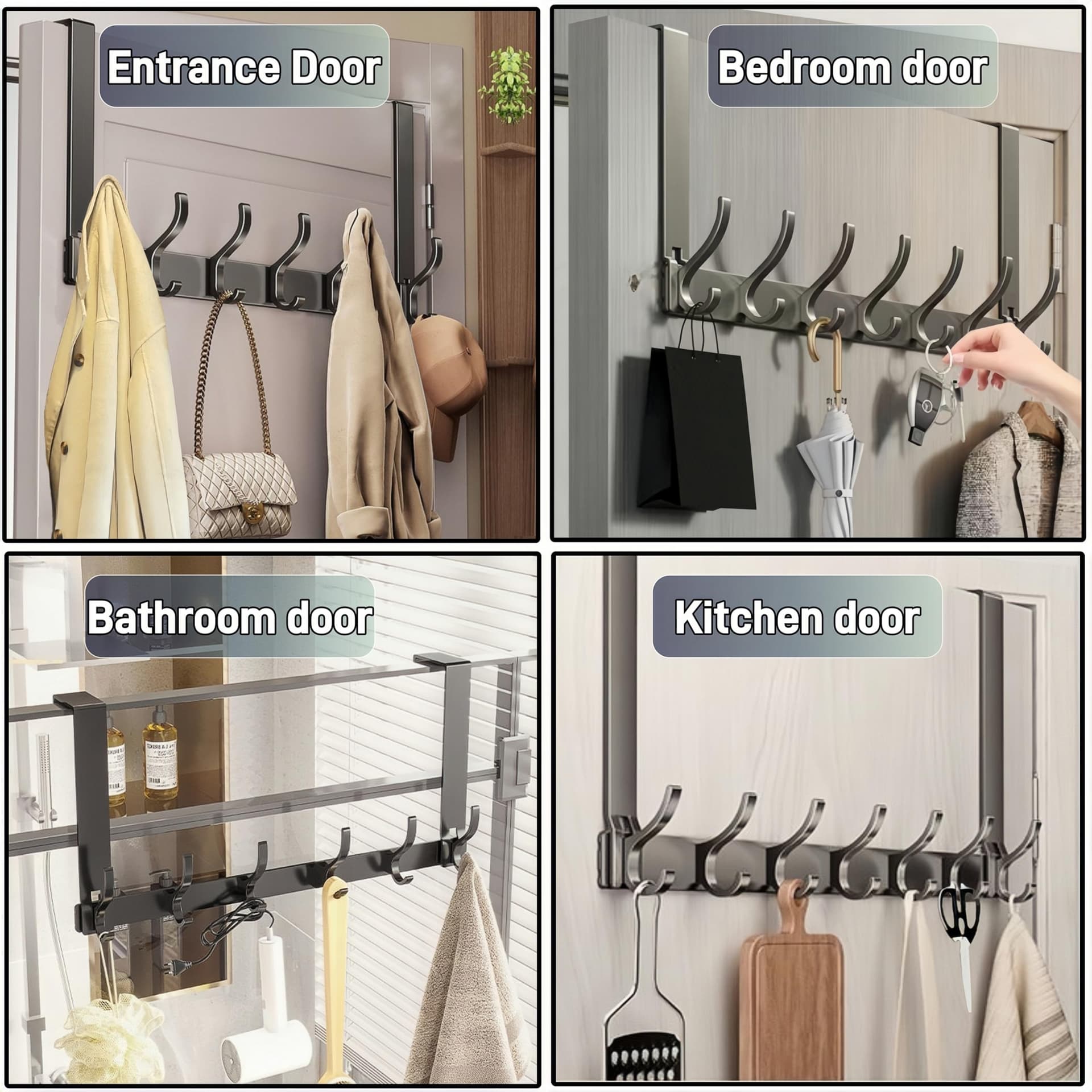 Over The Door Hook Hanger with 6 Double Coat Hooks Over The Door, Over The Door Towel Rack, Towel Rack Behind Bathroom Bedroom Closet Door for Hanging Clothes, Towels, Hats, etc. (Matte Gray) thumbnail 6