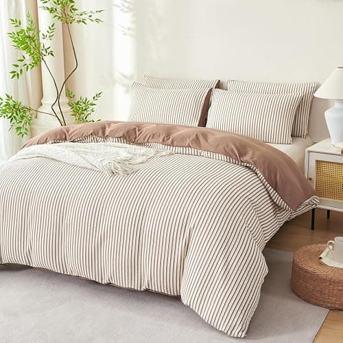 BUPIRD Mocha Brown Comforter Set King Striped Soft Washed Microfiber Jacquard 3 Pieces Striped Bedding Sets Mocha Brown White Comforter for All Seasons and 2 Pillowcases Comfort Breathable thumbnail 6