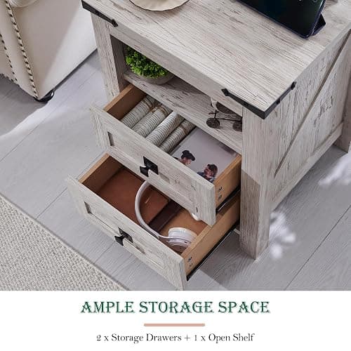 RedLemon 18" Farmhouse Nightstand with Charging Station, Antique Brush White thumbnail 5