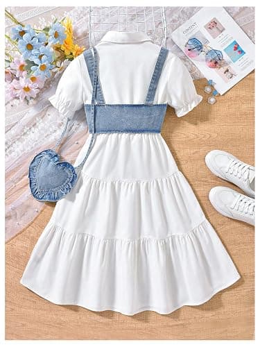 Verdusa Girl's Flared Ruffle Boho Dresses Button Down Collared Dress with Denim Crop Vest and Small Bag thumbnail 2