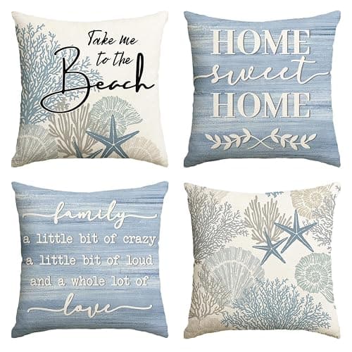 AVOIN colorlife Summer Take Me to The Beach Coral Starfish Throw Pillow Covers, 18 x 18 Inch Home Sweet Home Motto Blue Cushion Case for Sofa Couch Set of 4 - Image 1