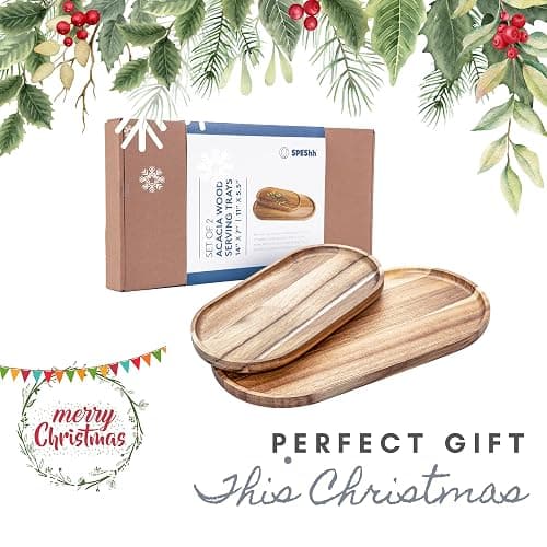 SPEShh Acacia Wooden Serving Trays Set of 2 - Rectangular Oval Shaped Wood Plates for Charcuterie Cheese Bread Fruit Vegetable Dip Sushi - Rustic Serving Platter Shallow Dishes -14x7 & 11x5.5 In. thumbnail 4