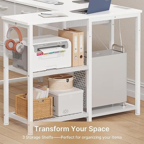 Gizoon 53 Inch White L Shaped Gaming Desk with CPU Stand & Power Outlet - Reversible Corner Desk with Drawers, Storage Shelves and 2 Hooks for Gaming Setup, Home Office, Living Room thumbnail 8