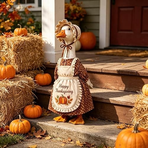 Gliswaieuznd Thanksgiving Pilgrim Porch Goose Outfits for 23'' Goose Statue | Fall Pumpkin Dress Goose Clothes, Pilgrim Costume, ''Happy Thanksgiving'' Apron, Bonnet, Autumn Yard Patio Garden Decor thumbnail 6