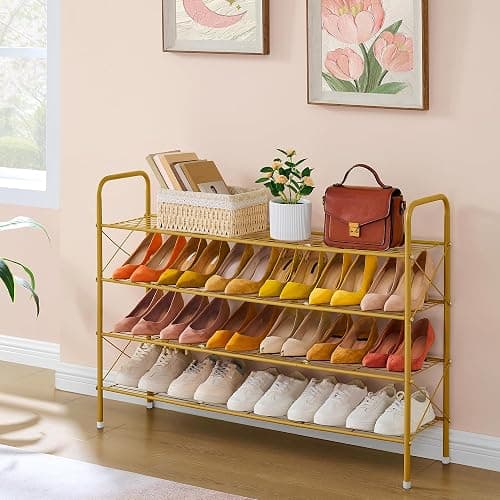 Hoctieon 4 Tier Mesh Style Shoe Rack, Entryway Shoe Shelf, Shoe Storage Organizer, Shoe Rack for Closet, Space Save for Bathroom, Garage, Hallway, Bedroom, Living Room, Gold thumbnail 4