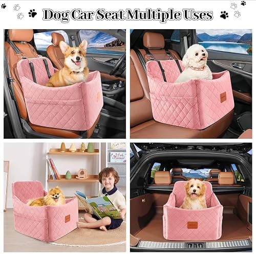 INDYBUD Dog Car Seats for Small Medium Dogs, Portable Detachable Washable Puppy Car Seat for Dog Up to 35lbs, Pet Booster Seat with Storage Pockets and Safety Belt (Pink, Medium) thumbnail 5