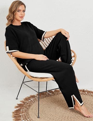 Tanming Sweater Sets Women 2 Piece Lounge Sets Short Sleeve Knit Pullover Tops Wide Leg Pants thumbnail 8