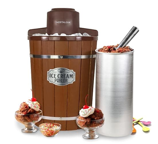 Nostalgia Electric Ice Cream Maker With 6 Qt Capacity - Old Fashioned Ice Cream Machine Makes Frozen Yogurt or Gelato in Minutes- Vintage Wooden Style Ice Cream Maker with Aluminum Canister- Dark Wood - Image 1