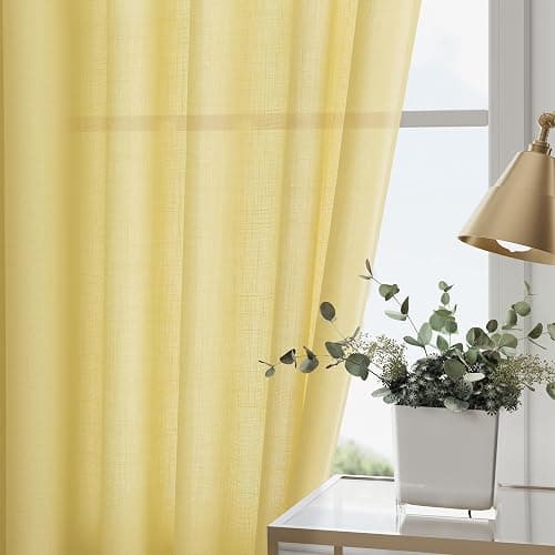 Yellow Linen Blend Drapes 84 Inch Length 2 Panels Set Back Tab Rod Pocket Light Filtering Privacy Semi Sheer Textured Curtain Neutral Farmhouse Decor for Living Room Bedroom Curtains 52x84 thumbnail 2