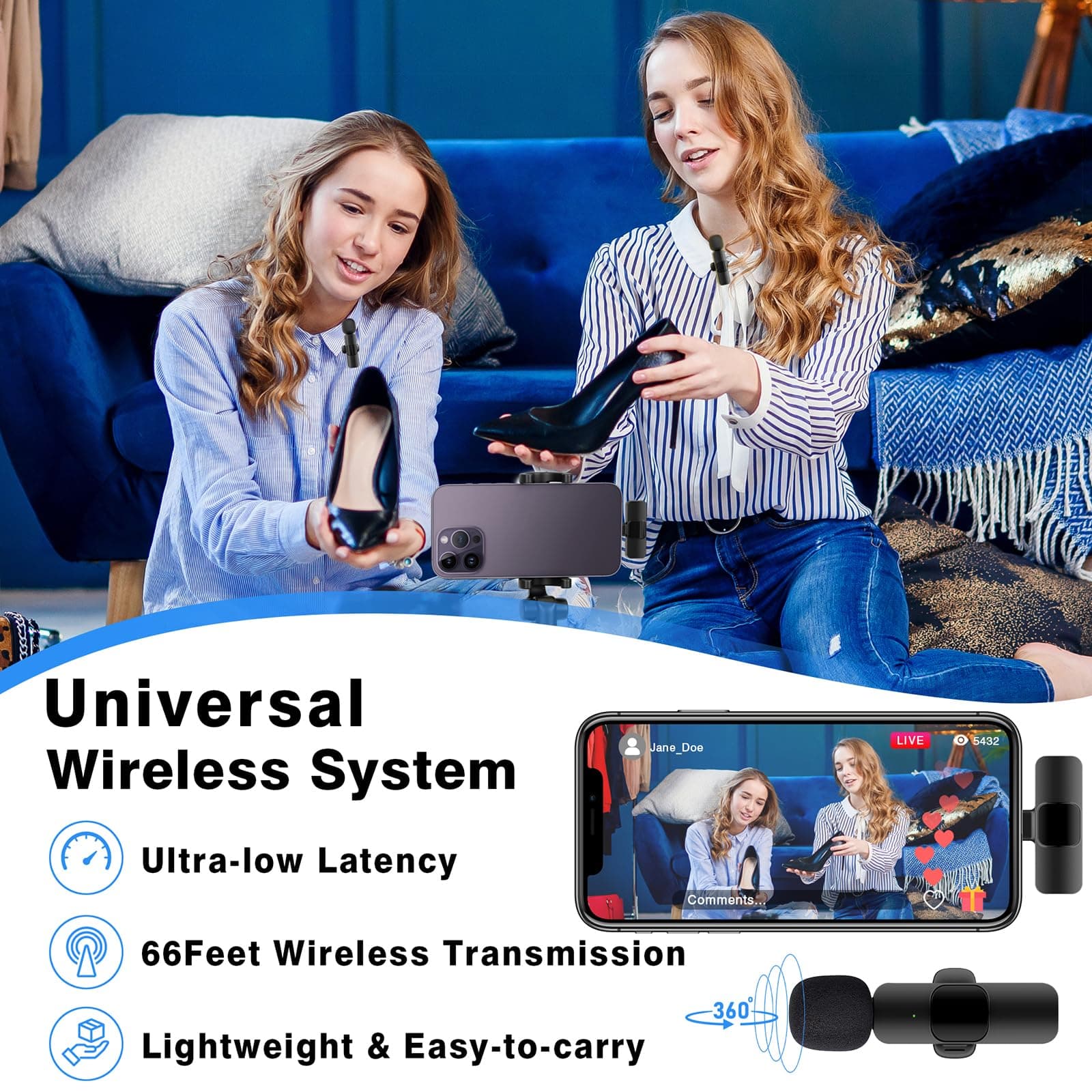 Professional Wireless Lavalier Lapel Microphone for iPhone, iPad, Cordless Omnidirectional Condenser Recording Mic for Video Recording, Live Streaming, Interview Podcast Vlog YouTube Tiktok(2 Pack) thumbnail 5