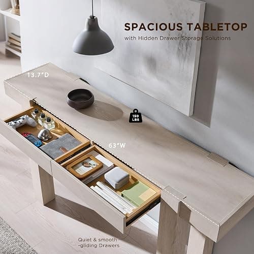 OKD Modern Farmhouse Entryway Table with 2 Drawers, 63" Wooden Console Table for Hallway, Sofa and Living Room, White Alder thumbnail 3