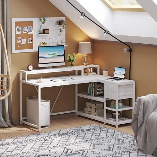 Tribesigns 55-inches Reversible L Shaped Desk with Drawer, Modern White L Corner Desk Home Office Table with Storage Shelves and Monitor Stand, Wooden and Metal PC Desk for Small Space thumbnail 5