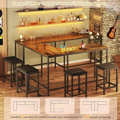 Bar Table and Chairs Set for 2-4, 63'' Convertible L-Shaped Kitchen Table with Power Outlets, 3 Piece Counter Height Small Dining Table with 2 Stools, Space Saving, Breakfast Nook Corner, Rustic Brown thumbnail 4