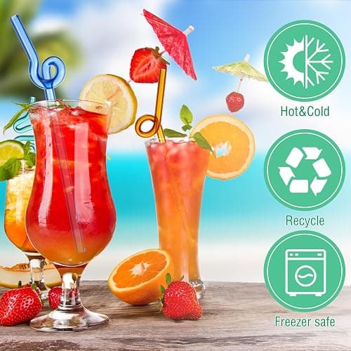 Yinkin 6 Pcs Wavy Glass Straws Reusable Curved Straw Shatter Resistant with 2 Cleaning Brushes Clear Silly High Borosilicate for Kids Adults Smoothies Juice (Colorful, 8 Inch) thumbnail 5