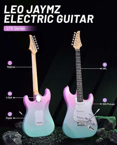 Leo Jaymz Beginner Electric Guitar 39” Kit with Portable Amplifier, Padded Gig Bag, Digital Tuner，Capo，Strap，Picks，Classic SSS Pickups(Pink-Cyan Fade-SSS) thumbnail 3