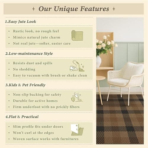 Easy Jute Brown Checkered 3x5 Entryway Rugs - Dark Plaid Rug Indoor Door Mats for Entrance, Front Porch, Outdoor Balcony, Kitchen Floor, Washable Non Slip Earthy Rustic Neutral Décor thumbnail 8