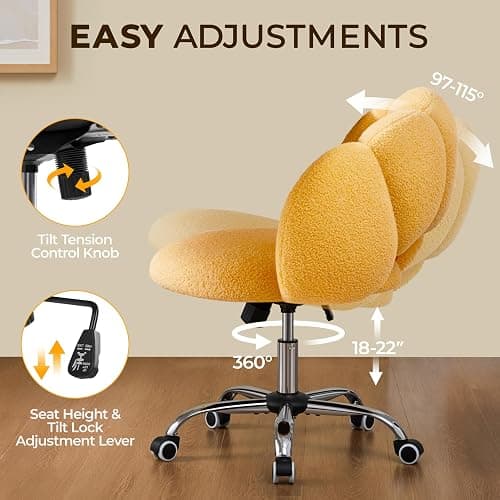 Yaheetech Boucle Upholstered Desk Chair Cloud-Shaped Vanity Chair Adjustable Home Office Computer with Rolling Wheels for Living Room, Bedroom Yellow thumbnail 5