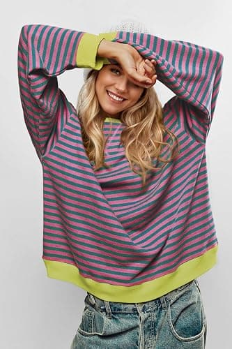 UEU Women Oversized Striped Crewneck Sweatshirt Long Sleeve Color Block Pullover Tops Casual Loose Workout Shirt thumbnail 2
