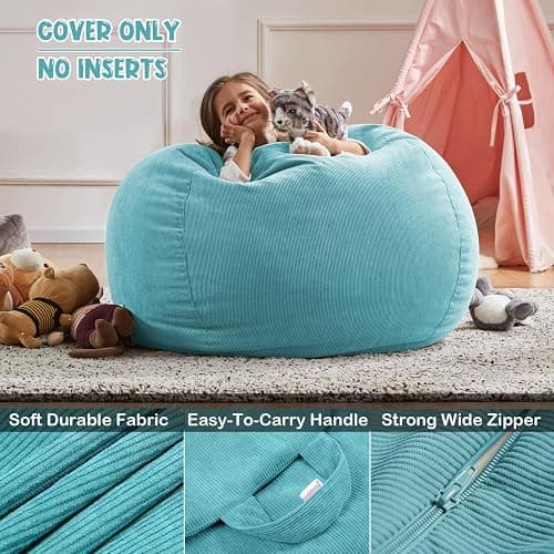 Nobildonna 2.5 ft Bean Bag Chair Cover for Kids,Turquoise 200L | No Filler Washable Stuffed Animal Storage Beanbag Chair Cover 74" Extra Large Opening Premium Corduroy Bean Bag Cover thumbnail 3