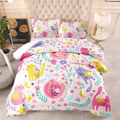 QOOMO Floral Cat Comforter Twin Size,Pink Cat Bedding Set for Kids Teens Girls,3Pcs Bedding Set Printed Comforter with 2 Pillowcases,Down Alternative,Soft and Lightweight(Pink,Twin Size) - Image 1