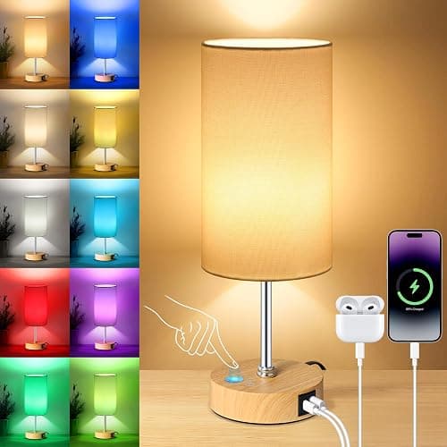 Unicozin Table Lamp with Wood Grain Base, 3 CCT 3000K/4500K/6500K & RGB Color Changing, Stepless Dimmable Small Bedside Lamp for Reading, Ambience Nightstand Light for Home Decor Party, White Shade - Image 1