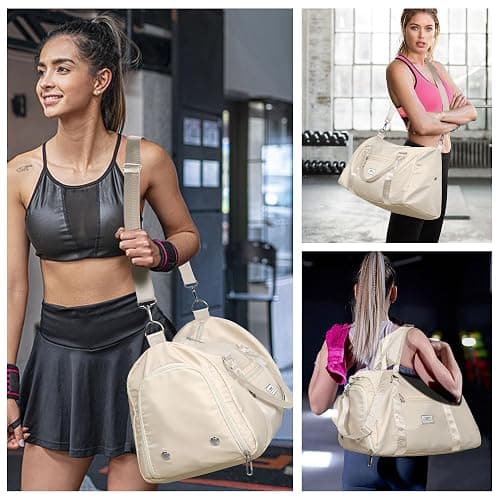 FIORETTO Womens Gym Tote Duffle Bag with Wet Pocket & Shoe Compartment, Sports Duffel Overnight Weekender Hospital Workout Carry on Bag for Girls, Ideal for Travel, Swimming, Dance, Ballet Beige thumbnail 6
